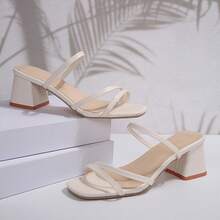 Women's Plus Size Double Strap Chunky Heel Sandals, Sexy White High Heel Square Toe Slip-On Dress Sandals, Suitable For Wedding, Office, Vacation