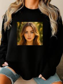 Plus Size Customizable Photo Print Sweatshirt - Casual Polyester Knit Lounge Top For Women - Fall/Winter Cozy Pullover