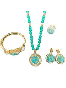 4 قطع طقم قلادة عتيقة من الفيروز مع تطعيم اللؤلؤ الطبيعي، مصنوعة يدويًا من الكريستال التشيكي