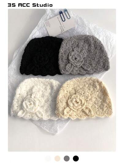 1pc Floral Headband Hat For Women, New Autumn/Winter Style, Versatile, Face-Framing, Warm, Handmade Crochet Flower, Sweet Retro, Knitted Beanie Cap