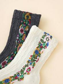5 Pairs Women's Vintage Floral Knitted Socks - Bohemian Style Crew Socks For Autumn Winter, Warm Comfortable Boot Socks With  Design, Perfect Match For Boots & Dresses, Ideal Festival Gift