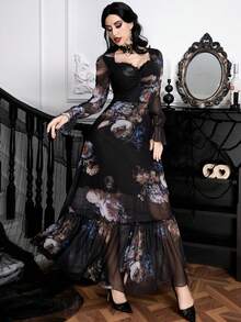 女式哥特式万圣节女巫深色优雅花卉印花长裙，蕾丝花边胸围和透明灯笼袖