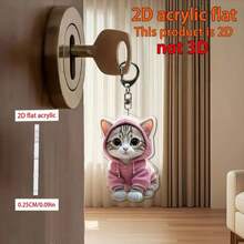 2D Flat, 1 Cute Pink Hoodie Kitten Keychain - Flat 2D Acrylic Keychain, Waterproof Bag Accessory, Women's Birthday Gift, Cat Enthusiast - Compact Wallet Accessory, Lively Design, Durable Buckle - 1pc - View 7