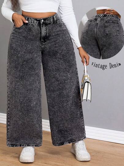 Plus Size Women's Casual Fashion Slimming Daily Vintage Boyfriend Wide Leg Jeans