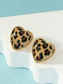 1 Pair Fashionable Minimalist Heart Shape Leopard Print Earrings For Women, Suitable For Daily Wear - Multicolor - View 4