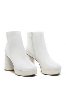 Women's Retro-Modern Square Toe Chunky Round Heel Ankle Boots With Lightweight Platform, Perfect For Daily Outings - White - View 7