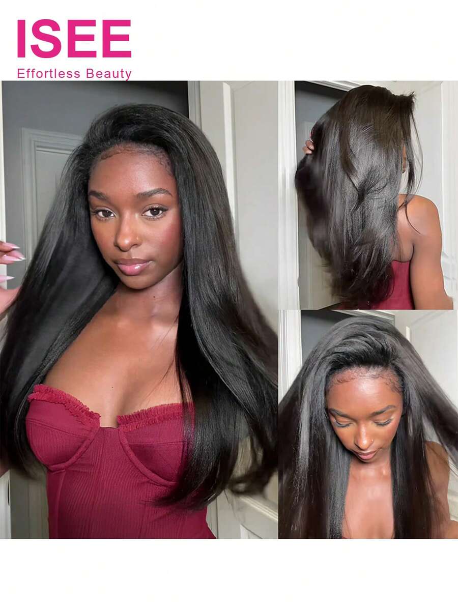 ISEE HAIR Half Wig Yaki Straight Flexi-Fit Invisi 3 In 1 Wigs Flip Drawstring Wig 180% Density Glueless Wigs 100% Human Hair Natural Black Ready To Go Headband Wig For Women 14-28 Inch - SNatural - View 1
