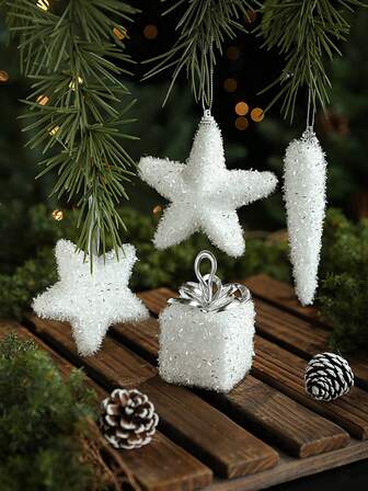 1pc Christmas Decoration White Hanging Ornament, Christmas Tree Decor, Star, Gift Box, Christmas Tree Accessories, Holiday Party Supplies, Suitable For Wedding, Party, Bar, Family Gathering Decoration, Christmas