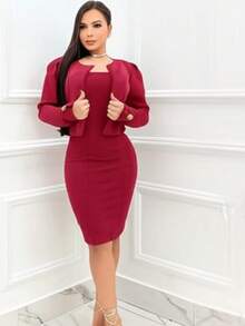 Midi Dress For Evangelical Women With Elegant Blazer - Simple Look For Church, Worship, Or Work. Knit Fabric. Dress, Evangelical Fashion, Office. All - 酒紅色 - 查看 1