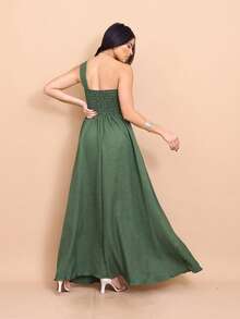 Helena Long Dress Luxury Plain Duna Linen With Slit Flowers One Shoulder - Olive Green - View 2