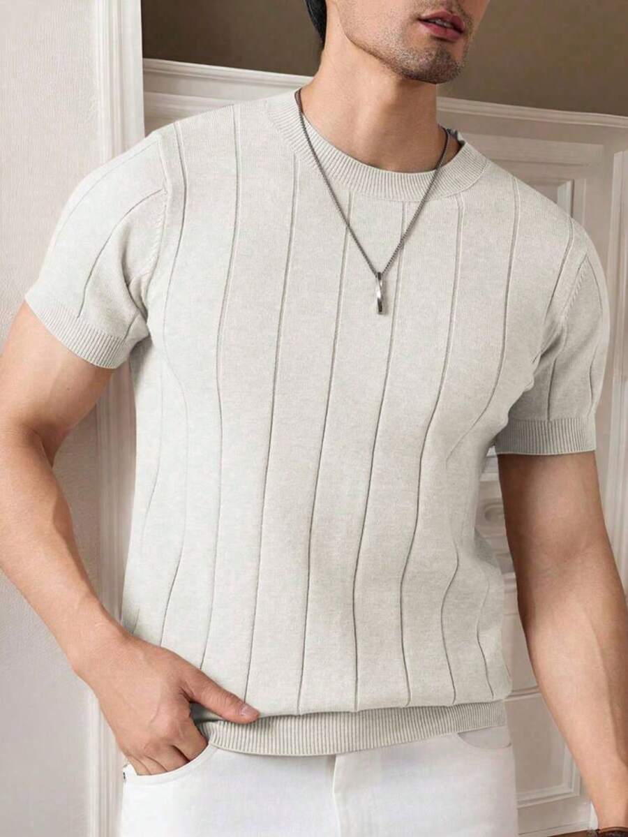 Men's Casual Crew Neck Solid Color Short Sleeve Knit T-Shirt - Màu be - Xem 1
