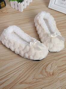 女士加厚防滑保暖软底室内地板腿套，适合幼儿教育、瑜伽，带蝴蝶结，秋冬 - 米色 - 查看 5