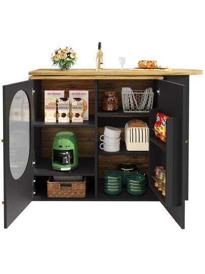 Sairedel Wit 360° Rotating Bar Tafel Storage Space Kitchen Isl 138x39x102cm Doors, Door Shelves Removable Dividers, As Dining Counter view 11