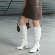 Women's Black White Fall Winter Chunky High-Heel Side Zip Knee High Boots - White - View 1
