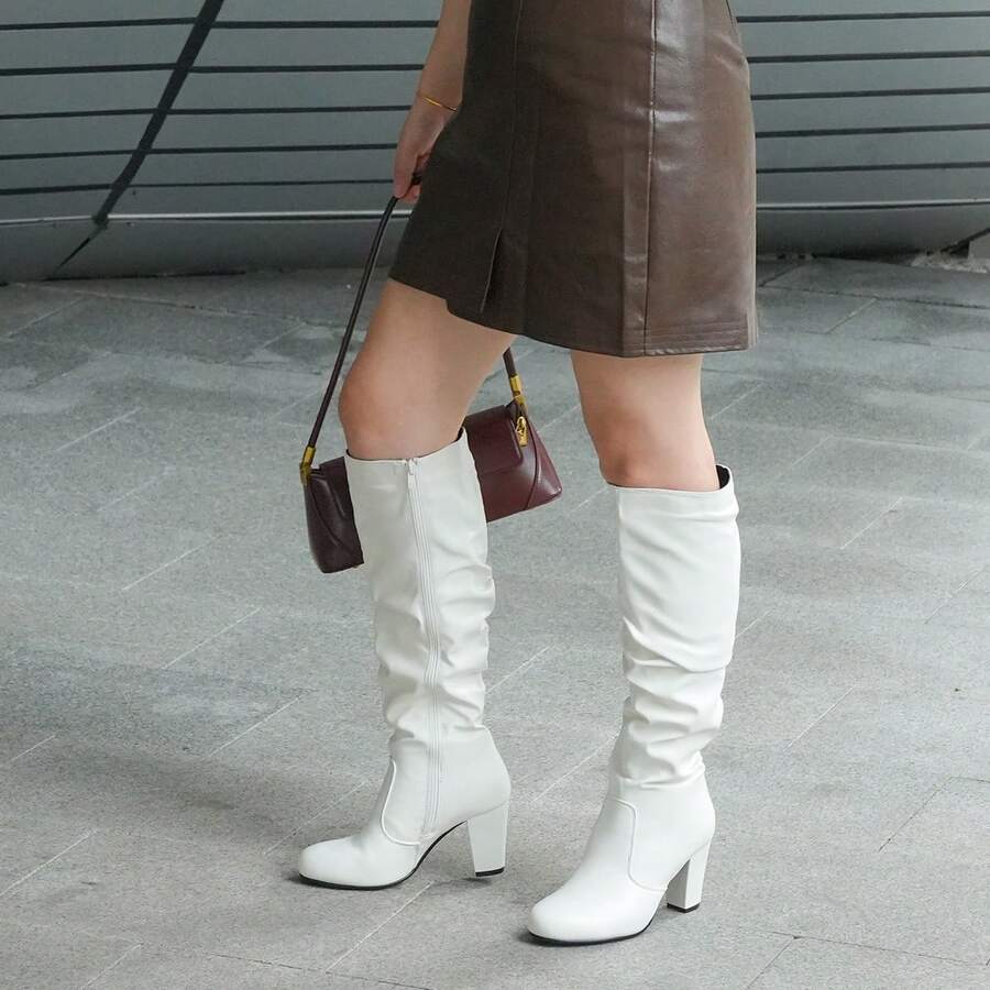 Women's Black White Fall Winter Chunky High-Heel Side Zip Knee High Boots - White - View 1