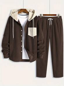 2 piezas/Set Chaqueta con capucha de tela de pana para hombres, botones de color contrastante, cordón, diseño de bolsillos en diagonal, casual, de moda, estilo escolar, adecuado para uso diario, ir y venir, todo a juego, primavera, otoño, invierno