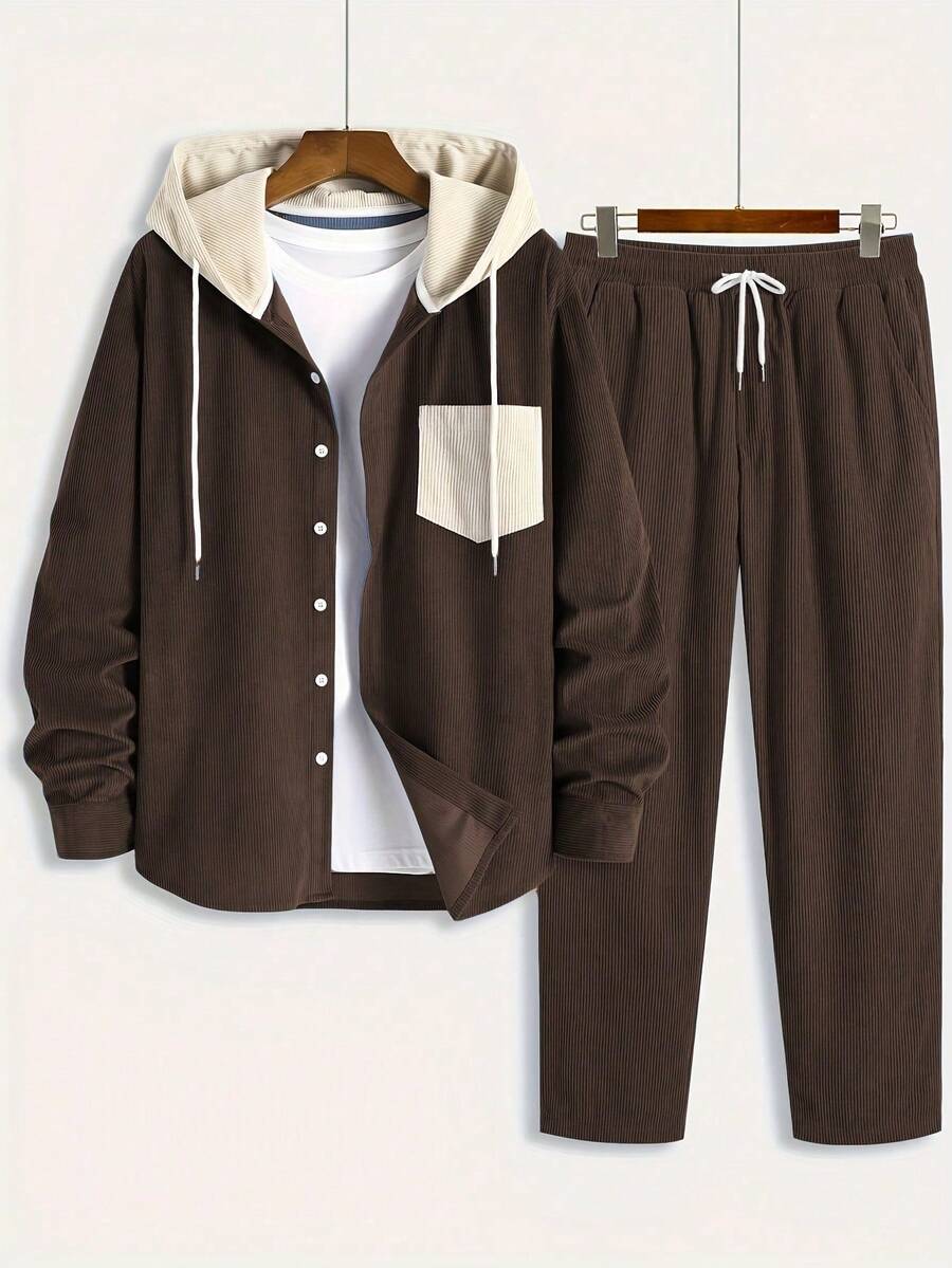 2 piezas/Set Chaqueta con capucha de tela de pana para hombres, botones de color contrastante, cordón, diseño de bolsillos en diagonal, casual, de moda, estilo escolar, adecuado para uso diario, ir y venir, todo a juego, primavera, otoño, invierno