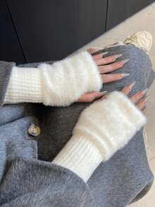 1 para damskich, jednokolorowych, dzianinowych rękawiczek bez palców, puszystych i ciepłych, odpowiednich do dojazdów do pracy, jesień/zima - Wielokolorowe - Zobacz 14