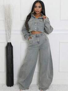 HERTALK Spring And Autumn Fashionable And Elegant Casual Women's Wear Wide-Leg Pants And A Fashionable Casual Denim Two-Piece Top - xám - Xem 2