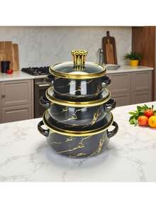 3pcs Enamel Coated Cookware Set: Milk Pot With Handles, Enamel Bowl, Mini Pot, Soup Pot, Ramen Bowl, Small Hot Pot, Thick Enamel Pot With Handles, Suitable For Induction Cooktop, Gas Stove, Cooking Small Portions Or Food Storage, Family Dinner Supplies, Christmas Party Supplies