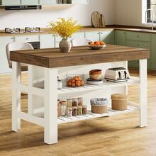 Tribesigns Kitchen Island With Seating And Storage Shelves, 55.1-Inch Breakfast Counter Farmhouse Island Table For Kitchen Dining Room - 棕色和白色 - 查看 6