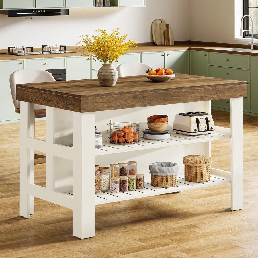 Tribesigns Isla de cocina con asientos y estantes de almacenamiento, mesa de desayuno de 55.1 pulgadas estilo granja para cocina y comedor - Marrón y blanco - Ver 1