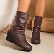 Women's New Mid-Calf Boots, Flat Wedge Heel, Fashion & Comfortable Autumn/Winter Boots - Coffee Brown - View 3