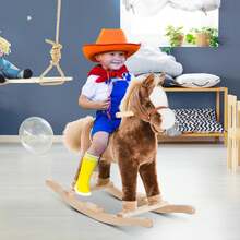 HOMCOM Kids Children Plush Rocking Horse Wooden Base Ride On Toy Rocker With Handle Grip Traditional Toy Fun Gift For Age 3+ (Brown) - Brown - View 1