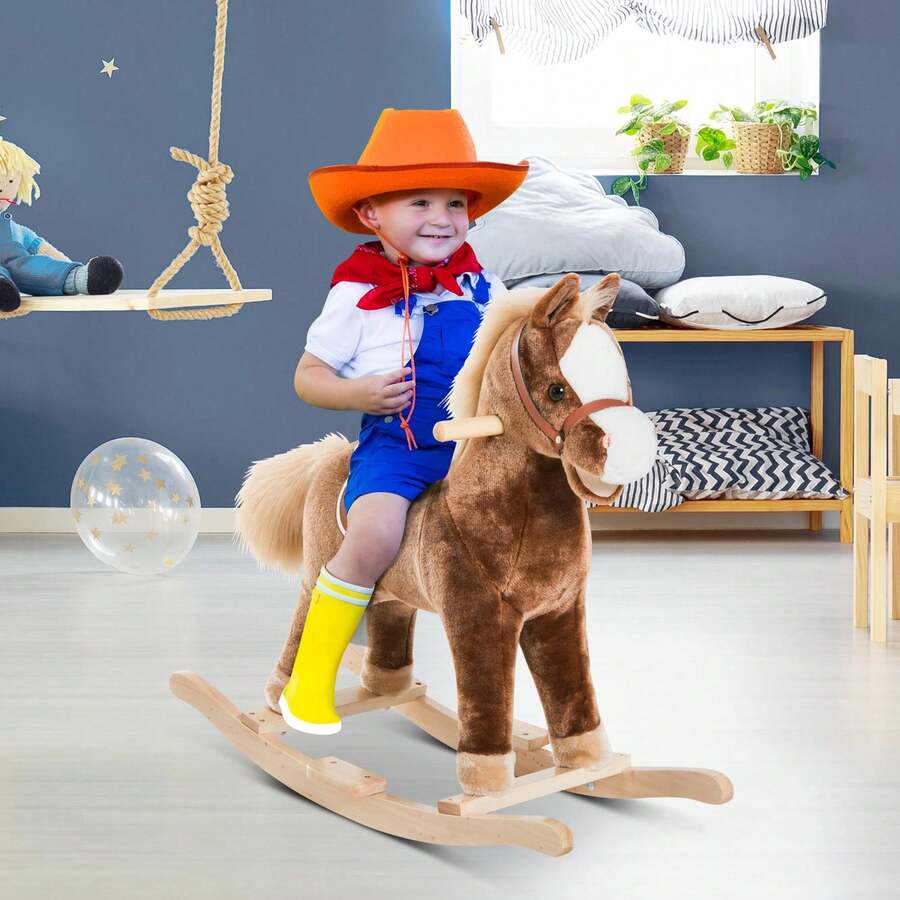 HOMCOM Kids Children Plush Rocking Horse Wooden Base Ride On Toy Rocker With Handle Grip Traditional Toy Fun Gift For Age 3+ (Brown) - Brown - View 1