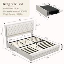 SIBEDS Queen Upholstered RGB LED Platform Bed Frame With Storage Drawers, Crystal Tufted Headboard, Velvet Cream - Kem nhung - Xem 10