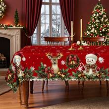 1 pezzo Tovaglia a tema natalizio rosso - Pupazzo di neve, renna, corona di vischio, disegno di fiocchi di neve, abbinata a nastri rossi, campanelle, bacche rosse - Tessuto in poliestere durevole - Adatta per tavoli rettangolari e rotondi, ideale come regalo di Natale e per celebrazioni di Capodanno, decorazione della tavola natalizia, decorazione natalizia
