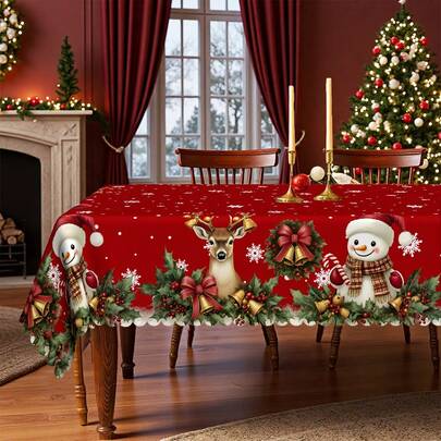1 pezzo Tovaglia a tema natalizio rosso - Pupazzo di neve, renna, corona di vischio, disegno di fiocchi di neve, abbinata a nastri rossi, campanelle, bacche rosse - Tessuto in poliestere durevole - Adatta per tavoli rettangolari e rotondi, ideale come regalo di Natale e per celebrazioni di Capodanno, decorazione della tavola natalizia, decorazione natalizia