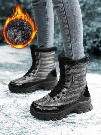 1双女士时尚亮片保暖加厚羊毛雪地靴，适合冬季户外活动，高帮户外休闲徒步鞋