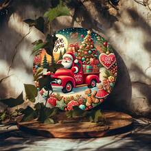 1 pièce Décoration murale en métal plate et limitée dans le temps en forme de camion du Père Noël - Panneau rond en fer avec une couronne de Noël, une maison en pain d'épices et un design de boîte-cadeau - Décoration de vacances moderne pour le salon, la cuisine, la chambre, le bar, la salle à manger, accessoires saisonniers pour la maison, motif festif