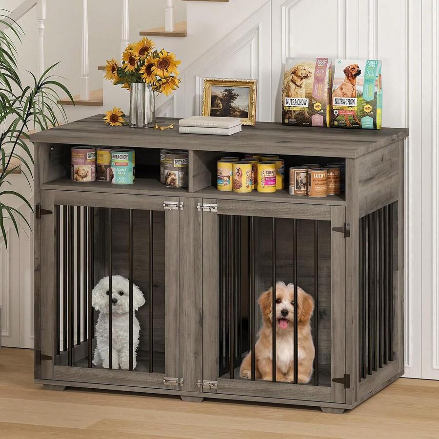 Furniture Dog Crate For 2 Dogs, 41 Inch Dog Kennel Furniture With Removable Divider And Shelf Storage, Wooden Dog Crate For Small/Medium Dogs, White/ Brown/ Gray - Grey - View 1