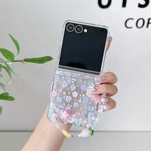 Keychain,Lanyard Cute Sakura Folding Phone Case With Chain, Suitable For Samsung Galaxy Z Flip3 5G/Galaxy Z Flip 4 5G/Galaxy Z Flip 5 5G/Galaxy Z Flip 6 5G/Galaxy Z Flip 7 5G, Girly Folding Phone Case - Multicolor - View 1