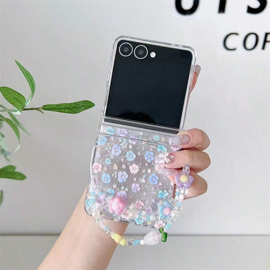 Keychain,Lanyard Cute Sakura Folding Phone Case With Chain, Suitable For Samsung Galaxy Z Flip3 5G/Galaxy Z Flip 4 5G/Galaxy Z Flip 5 5G/Galaxy Z Flip 6 5G/Galaxy Z Flip 7 5G, Girly Folding Phone Case - Multicolor - View 1