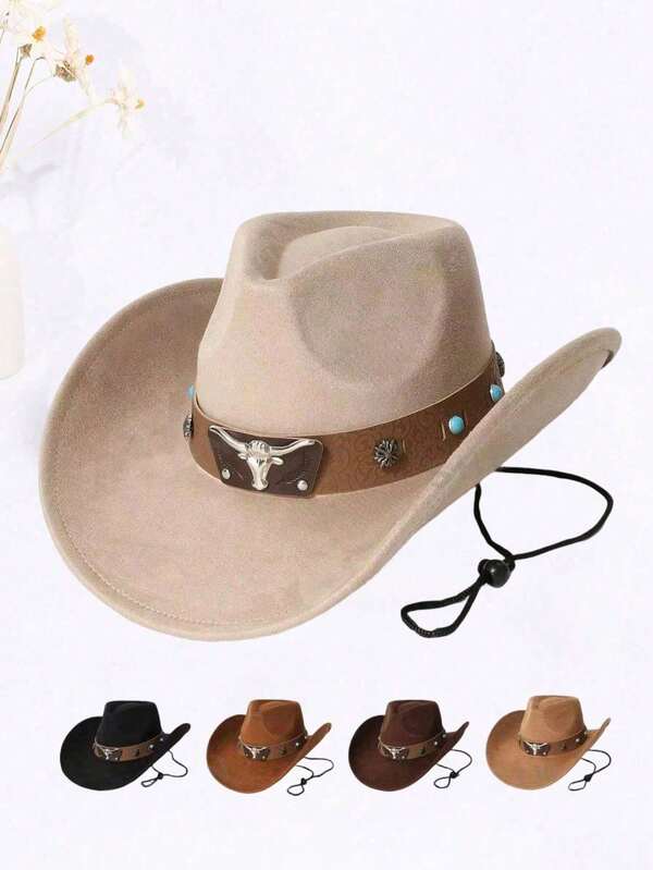 1 Stück Unisex Neuer Wildleder-Optik Cowboyhut mit Perlendekor, hochwertig und stylisch mit breiter Krempe, vielseitig für den täglichen Gebrauch, Western-Themen-Events, Geburtstagsfeiern, Musikfestivals