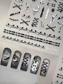 1pc 3D Gothic Punk Nail Sticker, Self-Adhesive, Embossed Rabbit & Strap Details, Create Avant-Garde Nails, Suitable For Women & Girls DIY Decoration, Ideal For Gothic Fashion & Home Manicure DIY Nail Stickers - Black - View 3