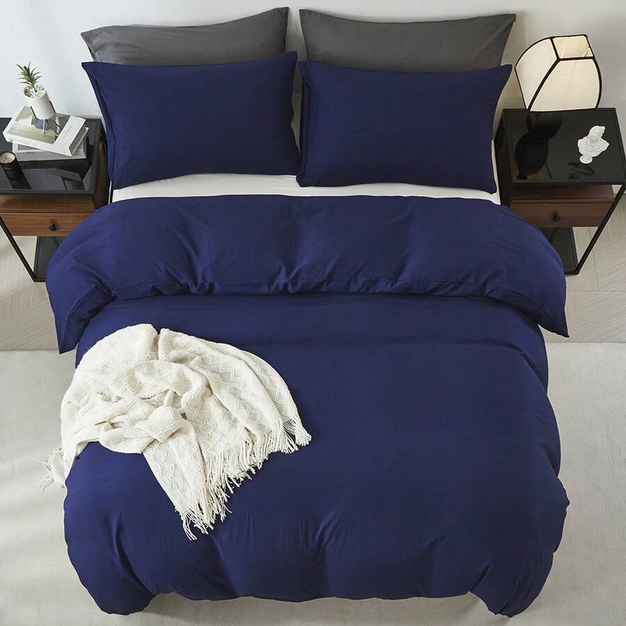 2PCS/3PCS Minimalist Style Duvet Cover Set(1 Duvet Cover+ 1/2 Pillowshams), No A Comforter,No Quilt, No Filling, Machine Washable Durable Summer Bedding Set, 100% Polyester And Lightweight Bedspread Set, Breathable, All-Season, Wonderful Room Decor, Holiday Gift - 深藍色 - 查看 1