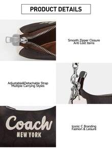 Coach Teri Leather Shoulder Bag For Women Small Hobo Bag With Zipper Clourse Ladies Elegant Handbag Cute Underarm Bag Clutch Purse With Detachable Strap - Coffee - View 4