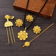 Golden Color Jewelry Set, Vintage Beautiful Jewelry For Women - Pendant Necklace, Earrings, Ring, Headchain, Hairpin, African Eritrean Bridal Wedding Luxury Accessories