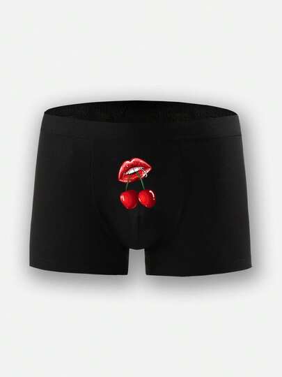 1. Męskie czarne bokserki, z zabawnym nadrukiem w czerwone usta i wiśnie – superwygodne, o średniej elastyczności, dopasowane, trwała bielizna codzienna, nowatorska bielizna męska, slipy rowerowe, idealny prezent na Walentynki
