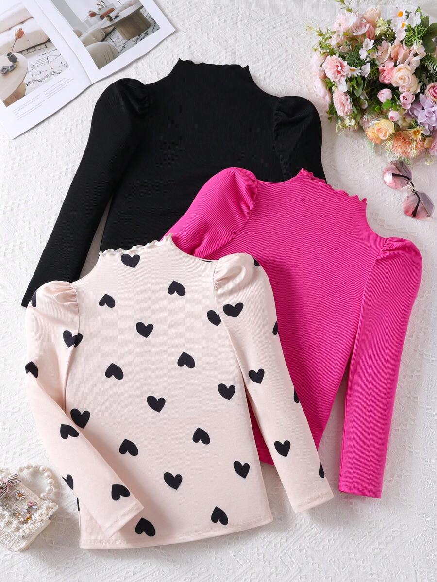 3pcs Girls Turtleneck Ruffle Rib Knit Puff Sleeve Sweater Set
