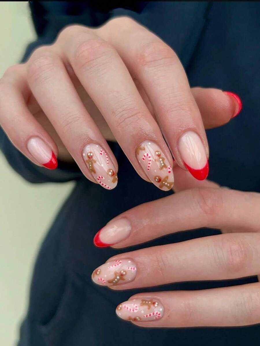 24 Peças de Unhas Curtas Adesivas Decorações de Unhas de Natal Homem de Gengibre Unhas Falsas Curtas e Redondas Adequadas para Uso Diário de Natal, Suprimentos de Unhas Adesivas