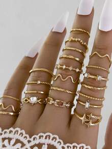 22pcs Heart, Wave Texture, Star Rhinestone Rings, Suitable For Women Daily, Wedding, Party Wear, Gift For Friends And Family (Size Runs Small, Please Purchase Carefully) - Gold - View 3