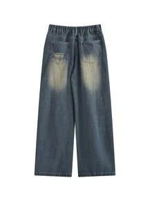 Quần jean ống đứng rộng rãi, rách rưới, chắp vá cổ điển dành cho nữ, quần dài ống rộng, phong cách đường phố, xuân/hè - Màu xanh lam - Xem 3