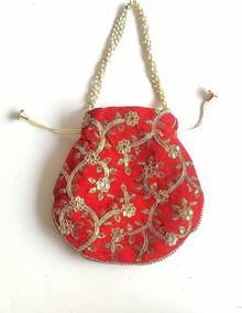 Women's Velvet Embroidered Potli Bag Purse Pouch Drawstring Bag Golden Work Wedding Gift For Women-2025 - 奶油 - 查看 6