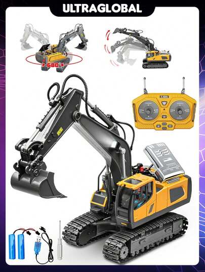Trator Escavadeira de Brinquedo com Controle Remoto Rotação 680 graus 2.4 G Retroescavadeira Construção Educativo Infantil