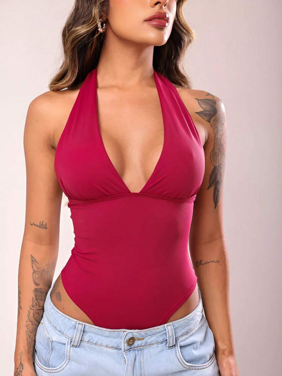 Women's Bodysuit, Plunging Neckline, Polyamide, Halter Neck, Multi-Shape – Elegant Blogger Fashion - 酒紅色 - 查看 1
